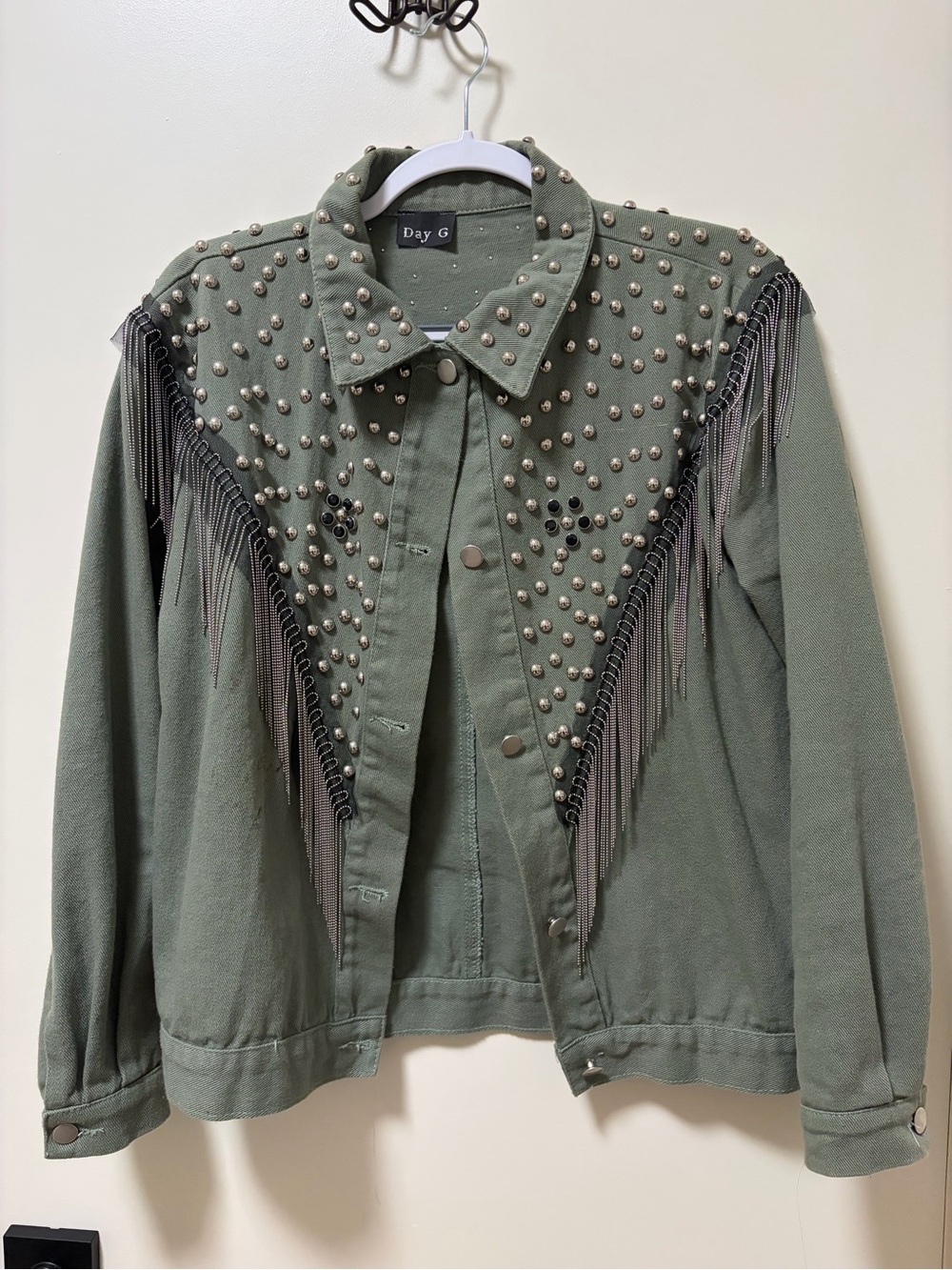 Olive Green Studded Fringe Jean Jacket